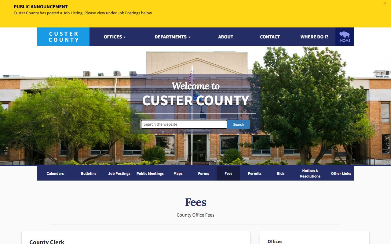Custer County Court Clerk and County Clerk fee schedule page