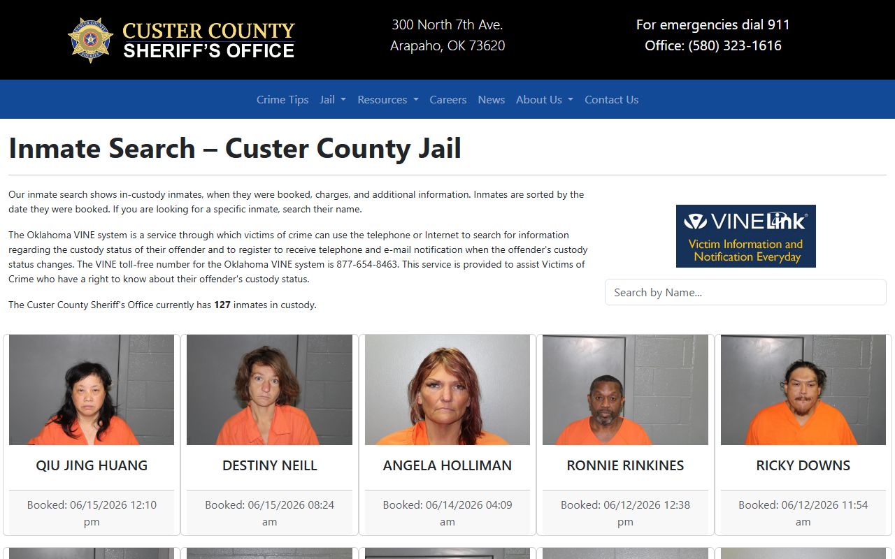 Custer County inmate records jail roster search page