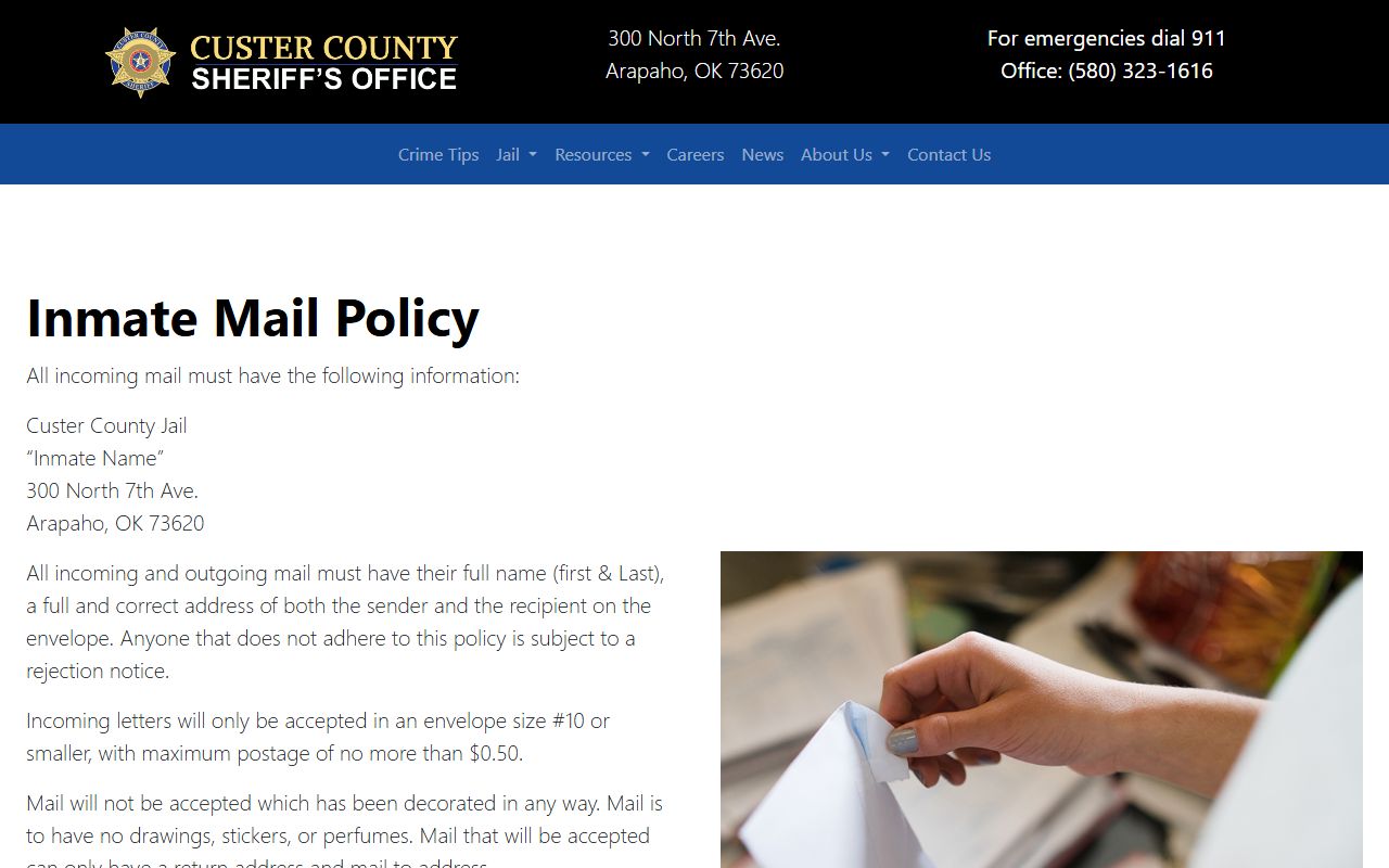 Custer County inmate records jail mail rules and prohibited items