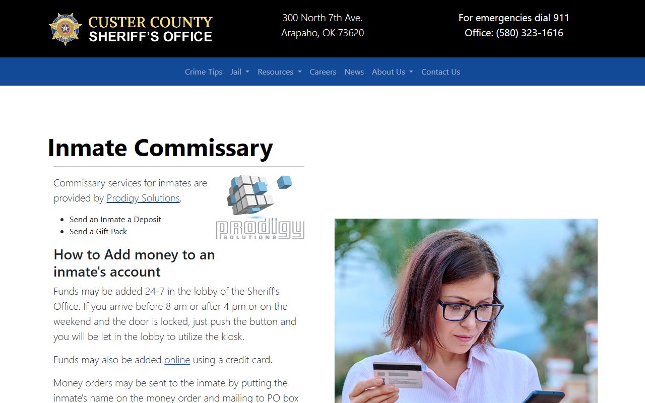 Custer County inmate records jail commissary and deposit options