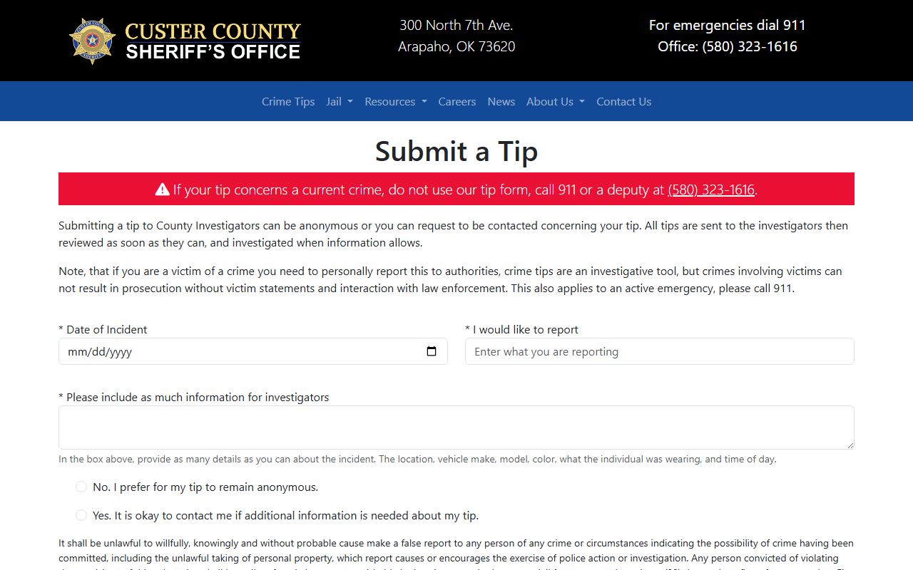 Custer County warrant records sheriff crime-tip submission form